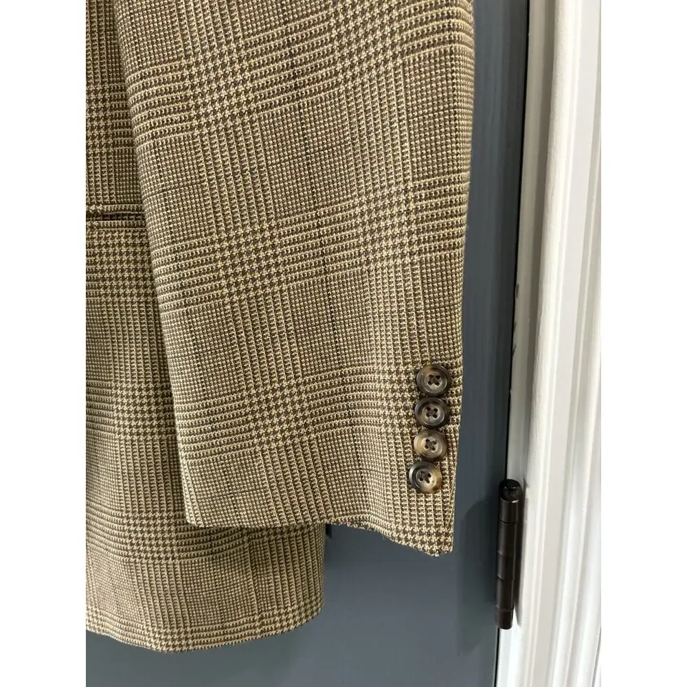 VTG Bespoke Mens 44R Brown Houndstooth Plain Blazer Suit Jacket Made in USA